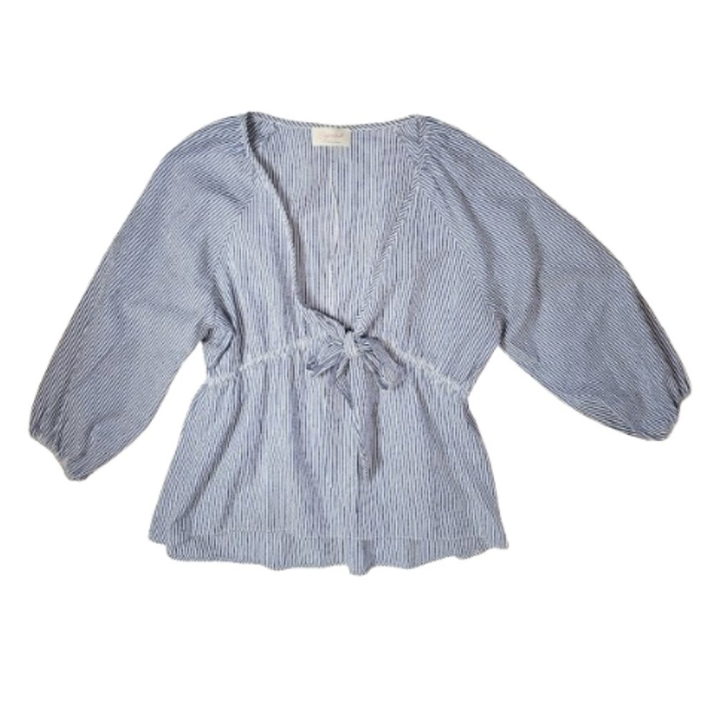 SUGARFOX Blue & White Striped Pullover Blouse With Big Bow Tie - Women's 2X